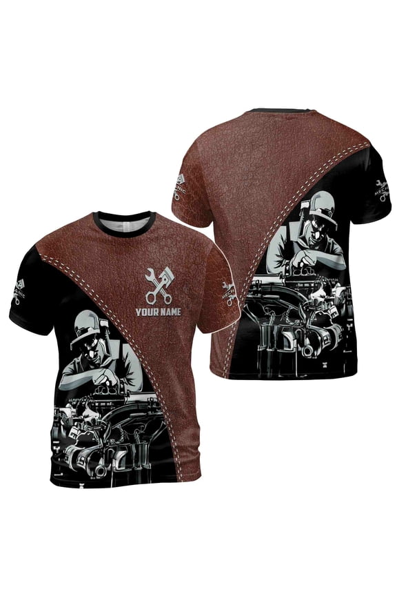 Customize Name Mechanic Tool Leather Grunge Dad Gift 3D T-Shirt S-5XL