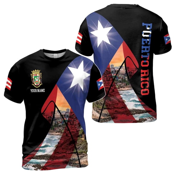 Customize Name Puerto Rico Landscape Coat of Arms Flag 3D T-Shirt S-5XL