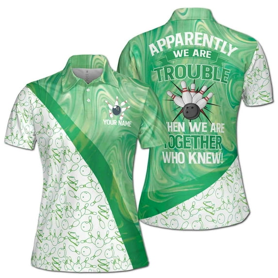Customize Name Team Name Bowling Player Green Marble Women's Polo Shirt S-5XL