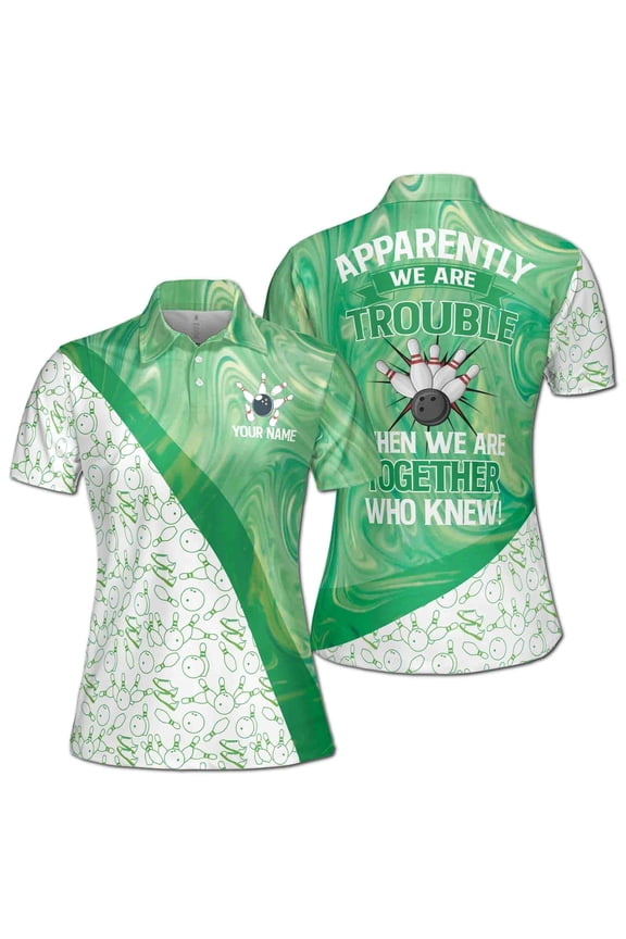 Customize Name Team Name Bowling Player Green Marble Women's Polo Shirt S-5XL