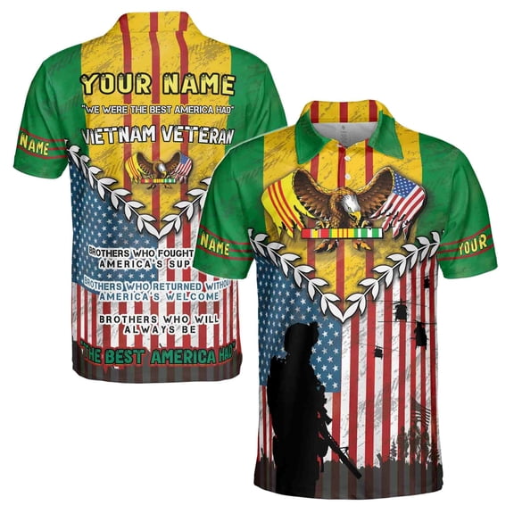 Customize Name Vietnam Veteran War U.S Army Proud American Eagle Flag Vet Men's Polo Shirt S-5XL