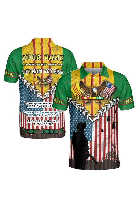 Customize Name Vietnam Veteran War U.S Army Proud American Eagle Flag Vet Men's Polo Shirt S-5XL