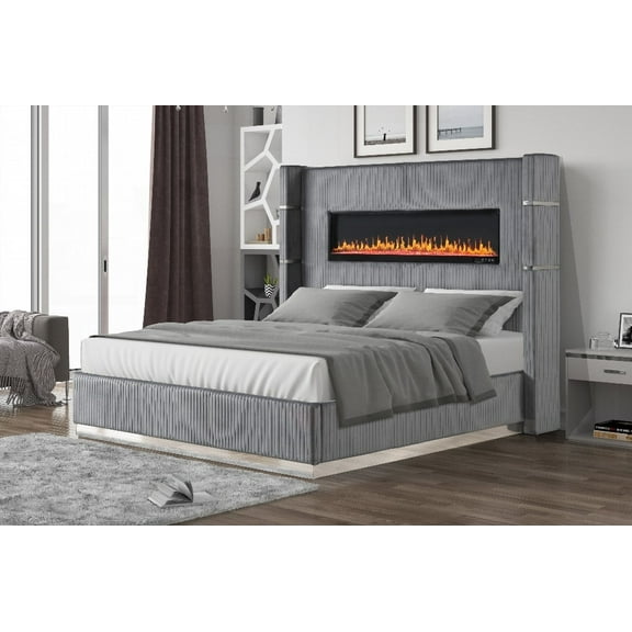 Customize Sleep with Electric Fireplace & USB Ports|Gray Velvet Queen Bed