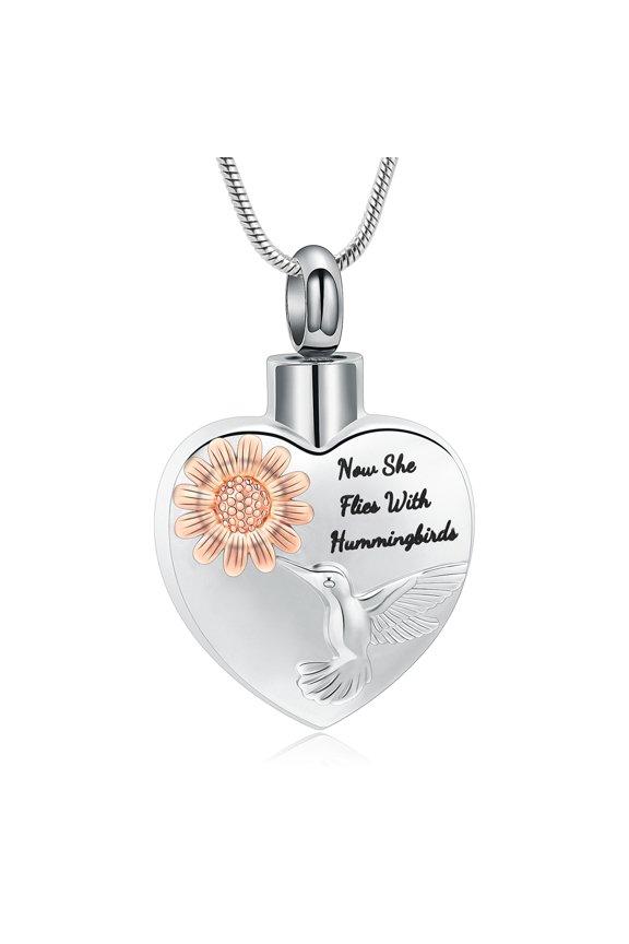 Customize Urn Necklace - Hummingbird Urn Necklace with Sunflower for Ashes Heart Memorial Necklace Ashes Pendant Urn Memorial Ashes Jewelry of Loved One