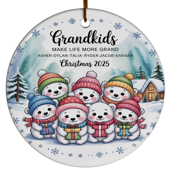 Customized 7 Grandkids Make Life More Grand Christmas Ornament 2025 - Text & Names Polar Bear Gift for Xmas Tree, Circle Christmas Ornament, Ceramic Christmas Ornament