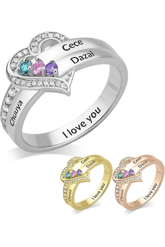 Customized 925 Sterling Silver Mother's Ring with 1-8 Birthstones, Engraved Name Band for Women, Unique Family Heart Ring for Wife or Grandmother, Exquisite Jewelry Gift for Her