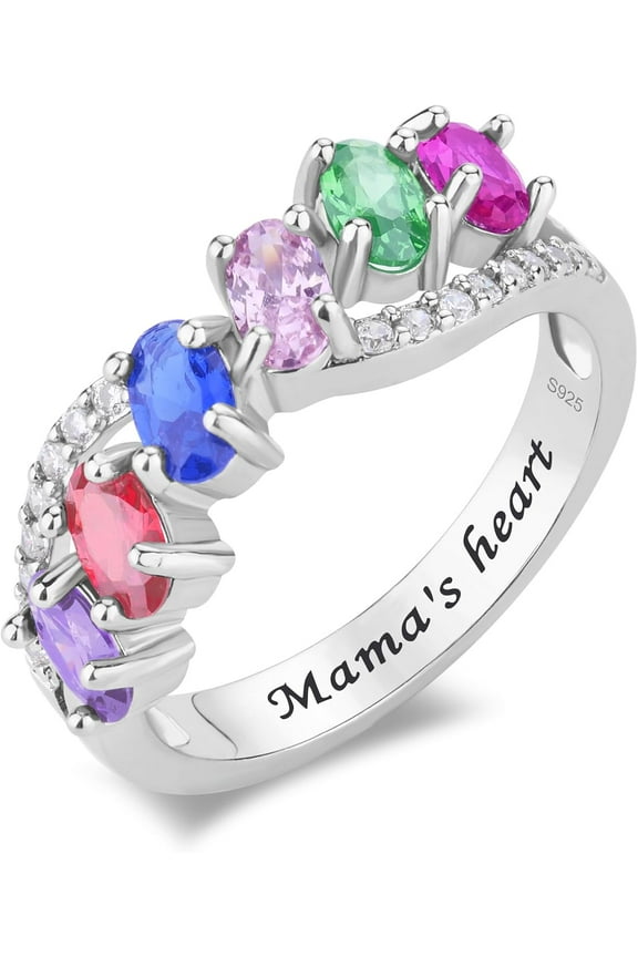 Customized 925 Sterling Silver Mothers Ring Personalized Text 1-6 Birthstones Ideal Jewelry Gift for Mothers Day Moms Grandma Wife Birthdays Anniversaries Christmas