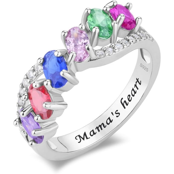 Customized 925 Sterling Silver Mothers Ring Personalized Text 1-6 Birthstones Ideal Jewelry Gift for Mothers Day Moms Grandma Wife Birthdays Anniversaries Christmas