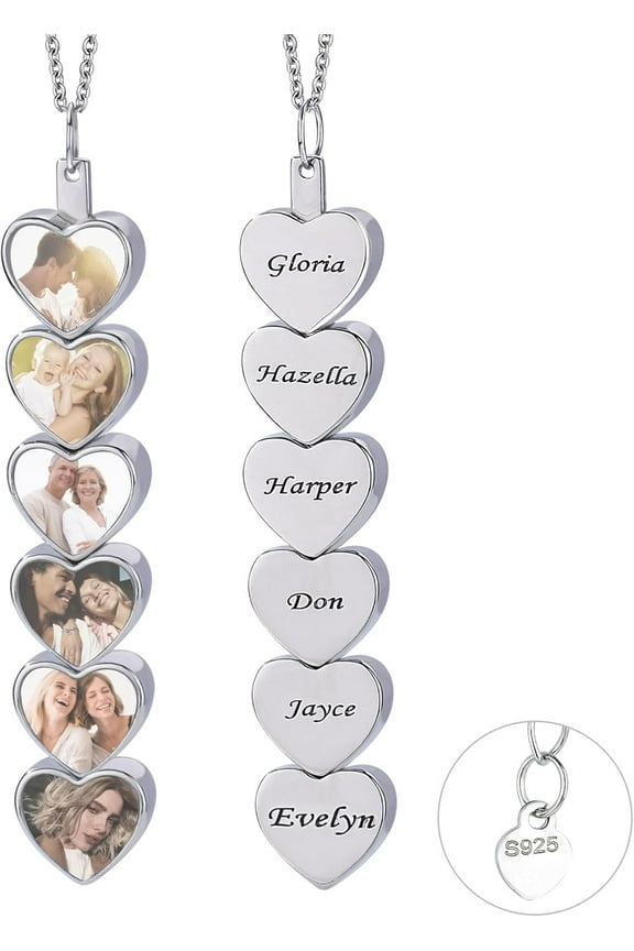 Customized 925 Sterling Silver Photo Pendant Necklace - Personalized Name & Photo 1-6 Engraved Heart - Hypoallergenic, Unique Gift for Women, Mom, Wife, Grandma, Girlfriend