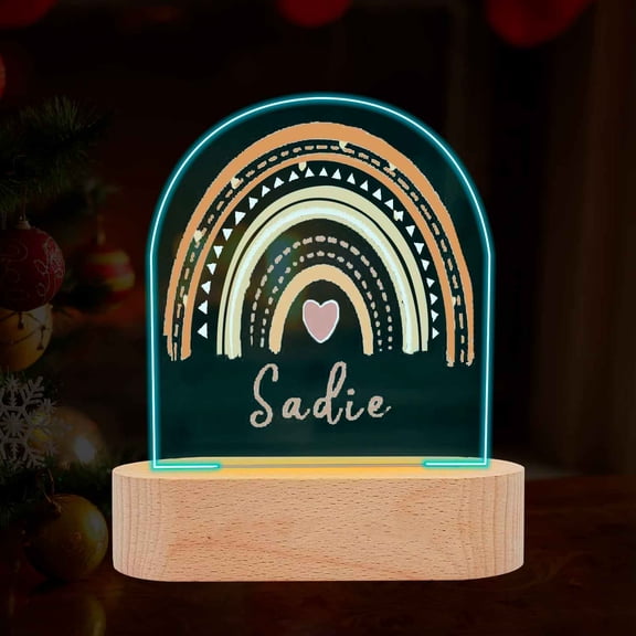 Customized Acrylic Plaque, Personalized Arch Rainbow Plaque with LED Original Wood Base Custom Valentines Birthday Gifts for Wife Husband Parents Friend (7-Color Light)