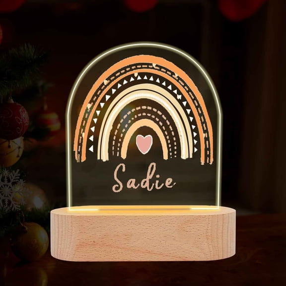 Customized Acrylic Plaque, Personalized Arch Rainbow Plaque with LED Original Wood Base Custom Valentines Birthday Gifts for Wife Husband Parents Friend (Warm Light)
