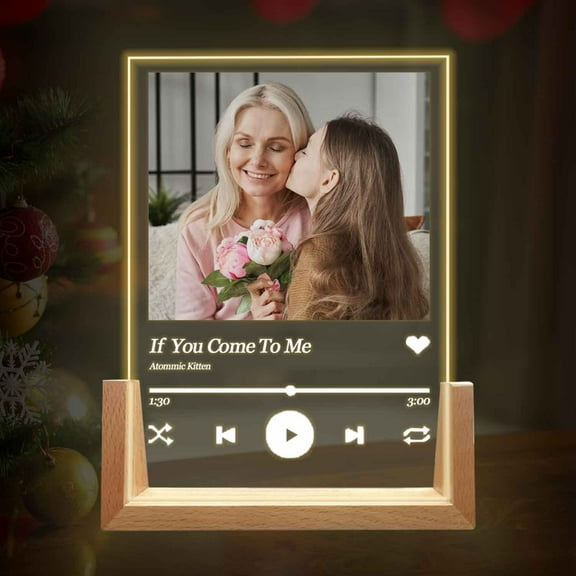 Customized Acrylic Plaque with Photos, Personalized Photo Plaque with LED Base Custom Music Plaque Picture Frames Valentines Birthday Gifts for Wife Husband Parents Friend (Beech Warm Light Base)