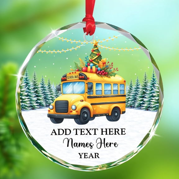 Customized Add Text & Names School Bus Driver Christmas Ornament, School Bus Glass Xmas Tree Decor, Personalized Student Transport Vehicle Keepsake Ornament 2025, Student Transporter Glass Ornaments