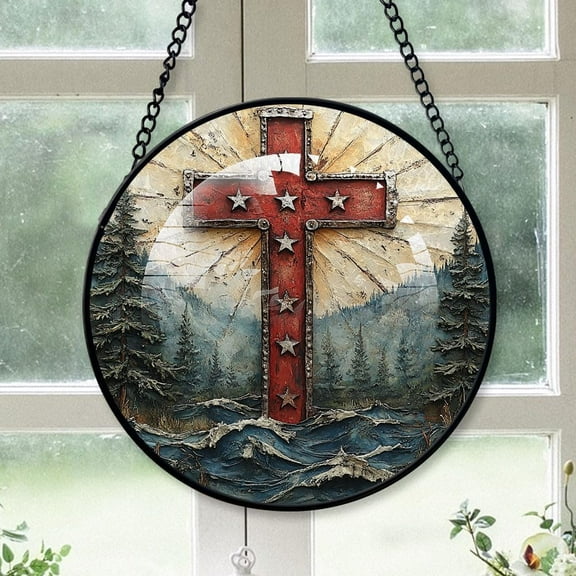 Customized American Cross Stained Glass, American Cross Glass Panel Sun Catchers Pretty Gifts, American Cross Decoration for Home Garden Christmas Party Wedding ua7qGx (Flag Cross 6)