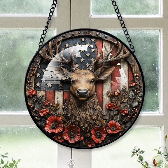 Customized American Deer Stained Glass Window Hangings, American Deer Colorful Glass Panel Pretty Gifts, American Deer Decoration for Home Garden Christmas utlYvO (American Flag Deer 1)