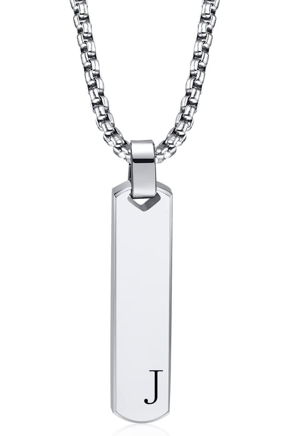 Customized Bar Initial Necklaces for Men Mens Geometric Vertical Pendant Necklace with Capital A-Z Letter, Stainless Steel Box Chain 24inch