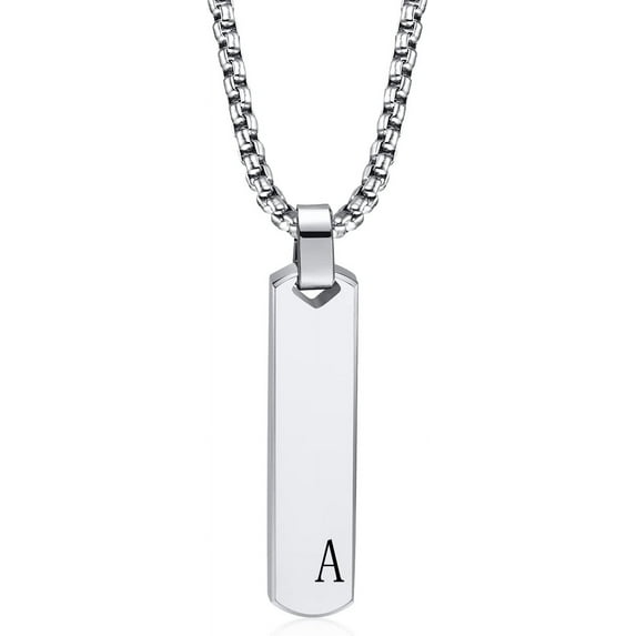 Customized Bar Initial Necklaces for Men Mens Geometric Vertical Pendant Necklace with Capital A-Z Letter, Stainless Steel Box Chain 24inch
