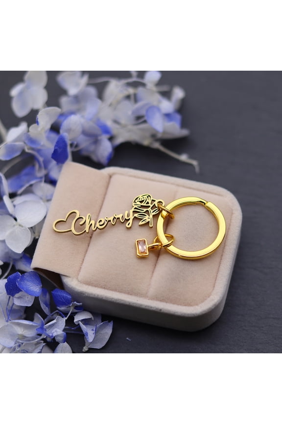 Customized Birth Month Flower Keychain Custom Name Rose Flowers Heart Stainless Steel Birthstone Nameplate Keyring Birthday Gift