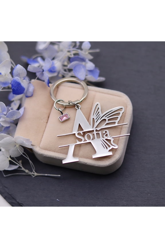 Customized Birthstone Butterfly Name Stainless Steel Capital Letters Keyring Custom Nameplate Keychain Birthday Christmas Gifts