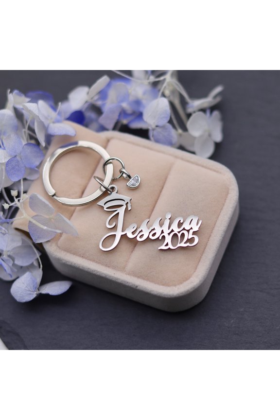 Customized Birthstone Graduation Keychain Custom Name Year Stainless Steel Nameplate Keyring Celebration Graduate Souvenir Gifts
