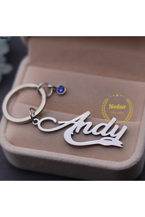 Customized Birthstone Name Stainless Steel Nameplate Engraved Letters Keychain for Lovers Family Friends Birthday Gift