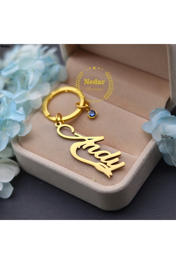 Customized Birthstone Name Stainless Steel Nameplate Engraved Letters Keychain for Lovers Family Friends Birthday Gift