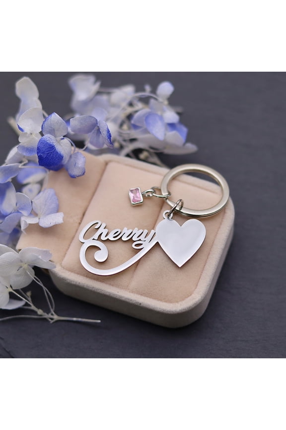 Customized Birthstone Nameplate Stainless Steel Heart Keychain Custom Name Pendant Keyring Birthday Wedding Valentine's Day Gift