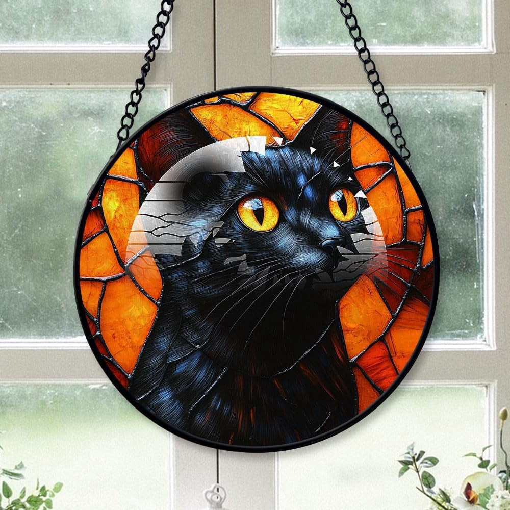 Customized Black Cat Hanging Stained Glass for Windows , Black Cat Hand ...