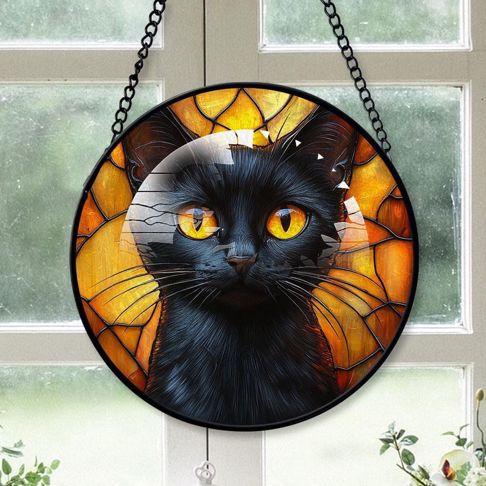 Customized Black Cat Hanging Stained Glass for Windows , Black Cat Hand ...