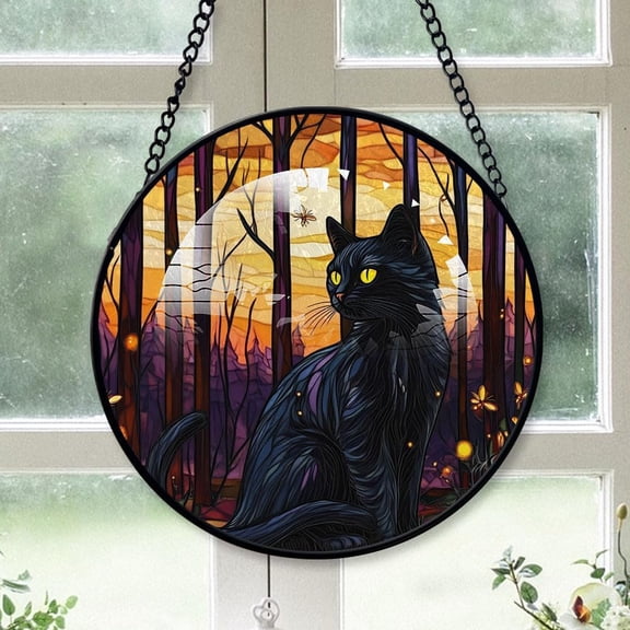 Customized Black Cat Stained Glass Window Hangings, Black Cat Colorful Glass Panel Pretty Gifts, Black Cat Decoration for Home Garden Christmas qpp9IE (Black Cat 24)