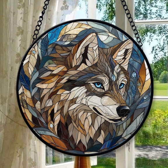 Customized Boho Elegant Wolf Head Stained Glass Window Hanging Suncatcher Stained Glass Home Decor Garden Halloween Christmas Party Wedding Housewarming Gifts, Stained Glass