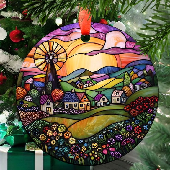Customized Boho Folk Art Windmill Landscape Ornament Window Hanging Suncatcher, Suncatcher Christmas Halloween, 2025, Holiday Decoration, 2025, Seasonal Holiday Decor, Holiday