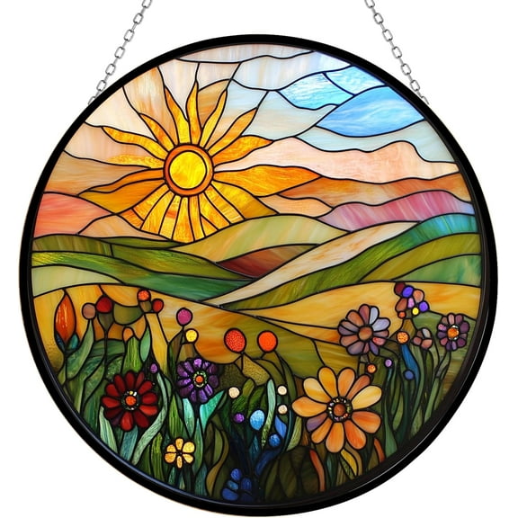 Customized Boho Golden Sunburst Over Rolling Hills Stained Glass Suncatcher Stained Glass Window Hangings Birthday Gift for Mom Grandma Teacher Women Friend Memorial Hook