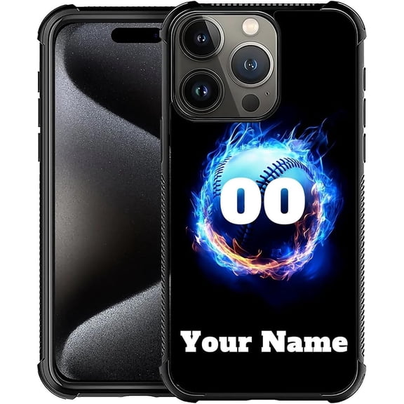 Customized Case Number Name Sports Case for iPhone 17 16 15 14 13 12 11 Pro Max Mini Plus XR X Xs 8 7 Samsung Pixel Series Case, Soft Silicone Hard Acrylic Designed Baseball Ball Blue Fire