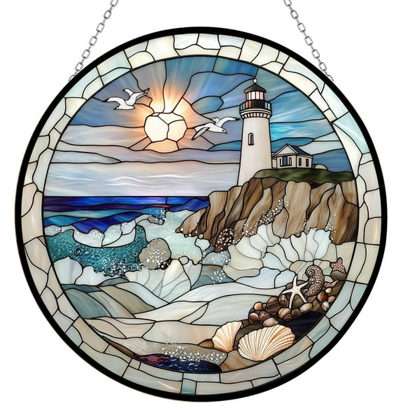 Customized Coastal Lighthouse Stained Glass Window Hanging, Suncatcher with Name, Christmas Halloween