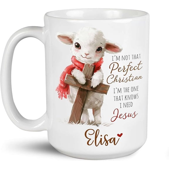 Customized Coffee Mug With Adorable Sheep Is Hugging Cross, Personalized Unique Name On Tea Mugs, Custom Christian Travel Cup, Inspiration Christ Mug Gift For Family, Accents Mugs