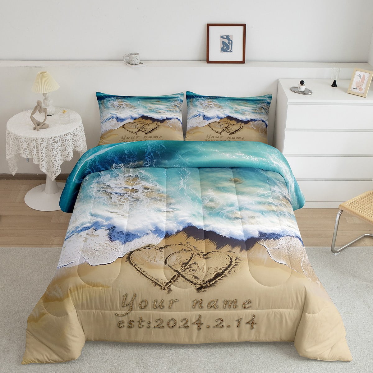 Customized Couple Bedding Beach Scenery Bed Comforter Set King Size