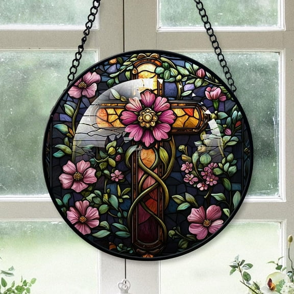 Customized Cross Stained Glass Window Hangings, Cross Colorful Glass Panel Pretty Gifts, Cross Decoration for Home Garden Christmas hpUQcr (Cross 16)