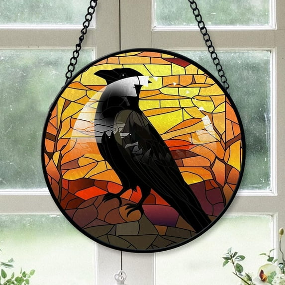 Customized Crow Stained Glass Window Hangings, Crow Colorful Glass Panel Pretty Gifts, Crow Decoration for Home Garden Christmas I2q3DU