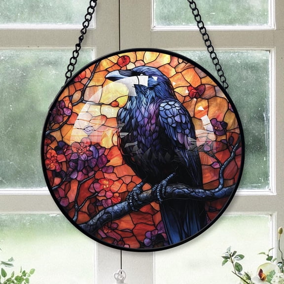 Customized Crow Stained Glass Window Hangings, Crow Colorful Glass Panel Pretty Gifts, Crow Decoration for Home Garden Christmas UoTFUB