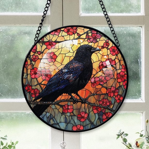 Customized Crow Sunset Stained Glass, Crow Sunset Glass Panel Sun Catchers Pretty Gifts, Crow Sunset Decoration for Home Garden Christmas Party Wedding 1B3cVu
