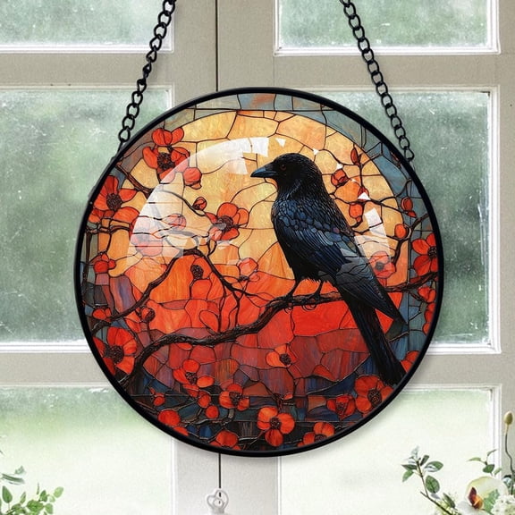 Customized Crow Sunset Stained Glass, Crow Sunset Glass Panel Sun Catchers Pretty Gifts, Crow Sunset Decoration for Home Garden Christmas Party Wedding DFnN9J