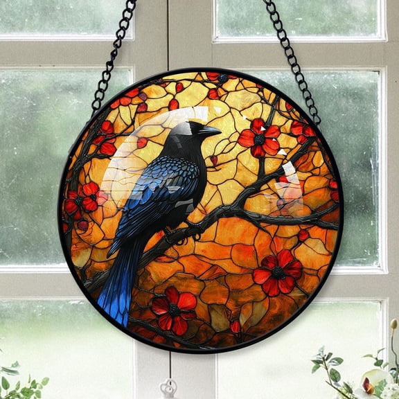 Customized Crow Sunset Stained Glass, Crow Sunset Glass Panel Sun Catchers Pretty Gifts, Crow Sunset Decoration for Home Garden Christmas Party Wedding JVddro