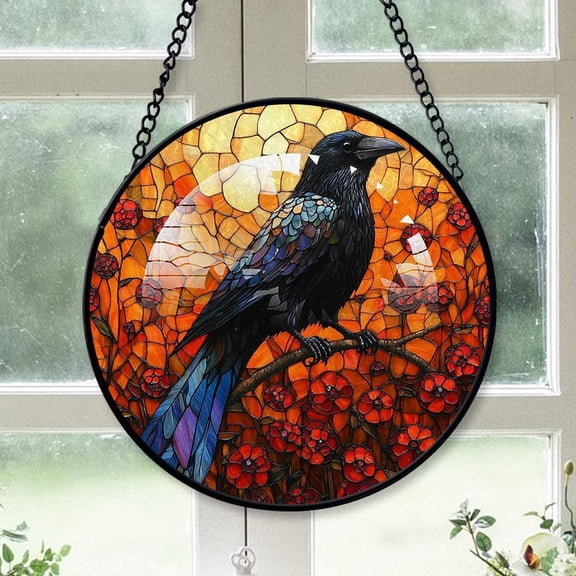 Customized Crow Sunset Stained Glass, Crow Sunset Glass Panel Sun Catchers Pretty Gifts, Crow Sunset Decoration for Home Garden Christmas Party Wedding r44Eoi