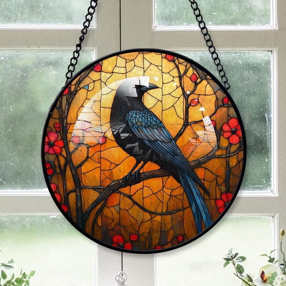 Customized Crow Sunset Stained Glass Window Hangings, Crow Sunset Colorful Glass Panel Pretty Gifts, Crow Sunset Decoration for Home Garden Christmas iFVwbL