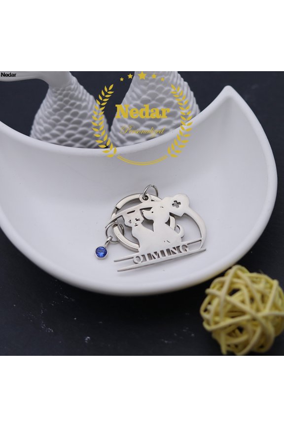 Customized Dog Cats Keychain Birthstone Custom Name Heart Cross Keyring Stainless Steel Animal Pet Nameplate Key Chain
