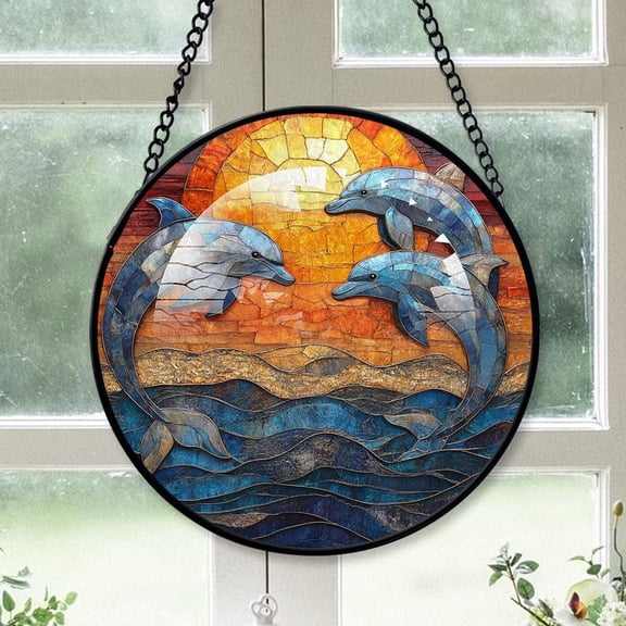 Customized Dolphins Jumping Stained Glass Window Hangings, Dolphins Jumping Colorful Glass Panel Pretty Gifts, Dolphins Jumping Decoration for Home Garden Christmas bktd7u