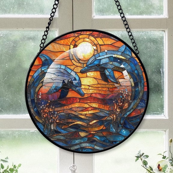 Customized Dolphins Jumping Suncatcher Stained Glass, Dolphins Jumping Gifts for Women for Window Hanging, Dolphins Jumping American Glass Hanging 0mX2kU