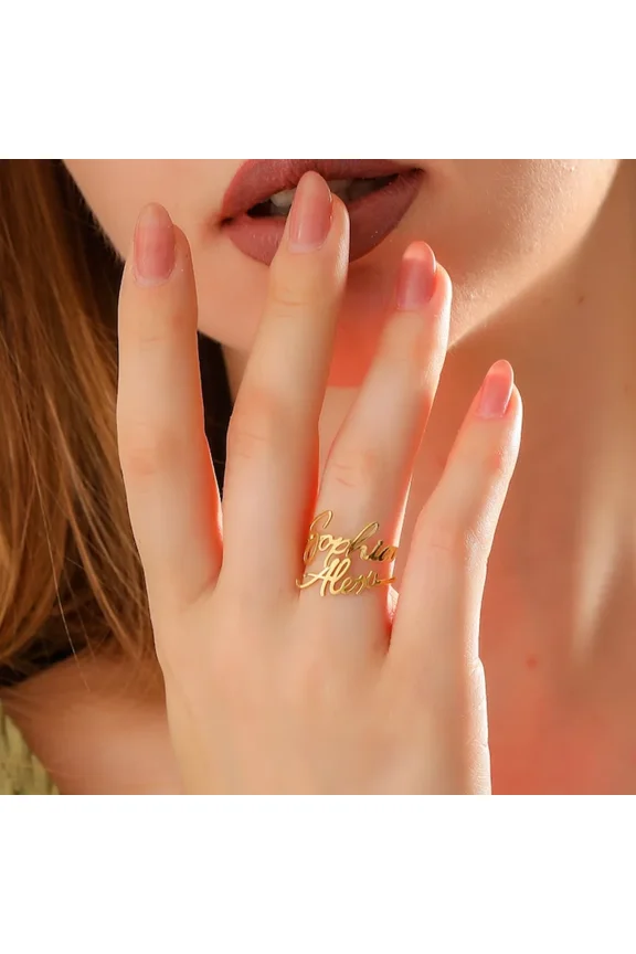 Customized Double Name 14K Yellow Gold Ring, Adjustable Handmade 2 Name Rings, Personalized Valentine's Day Couple Name Anniversary Gift
