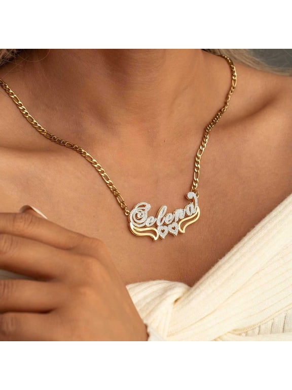 Customized 3D DoubleName DoubleLayer Nameplate Choker 14K Gold Filled Pendant Necklace for Men Women, Sentimental Keepsake Fashion Jewelry